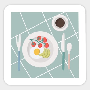 Good morning breakfast is served on checkered tablecloth Sticker